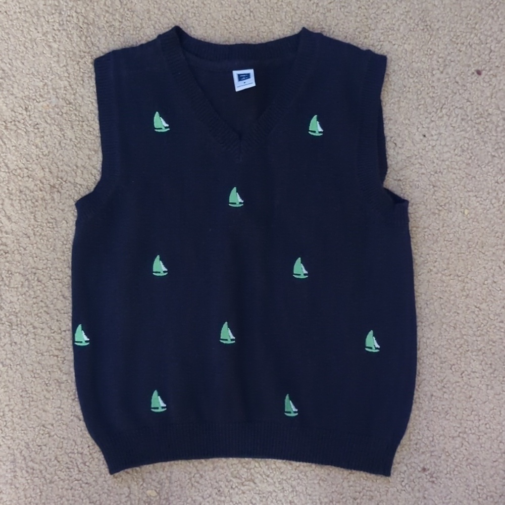Janie & Jack Navy with Green Sailboats V Neck Sweater Vest Size 4